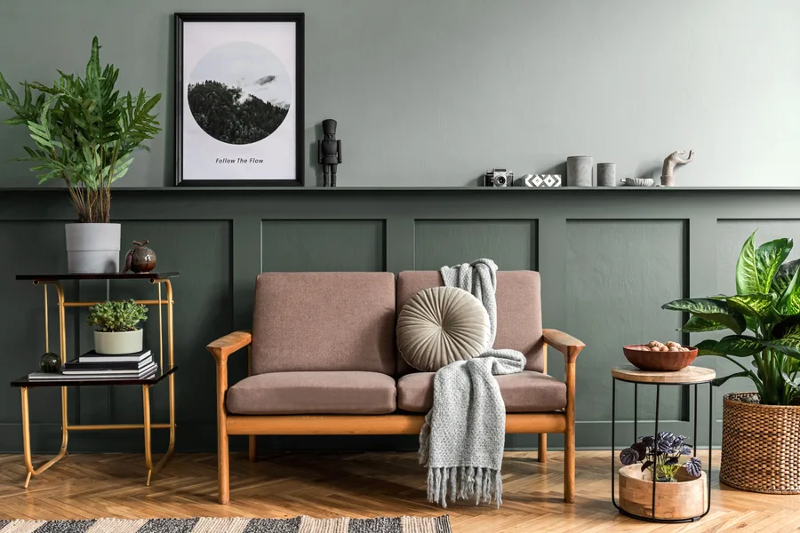 Staged living room with neutral furnishings